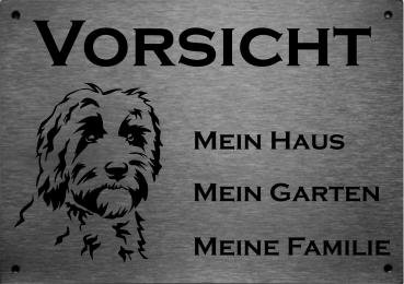 Edelstahl Warnschild Labradoodle VORSICHT Mein Haus mein Garten meine Familie